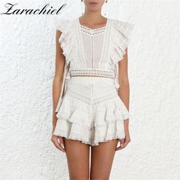 Women Two Piece Outfits Summer Lace Sleeveless Crop Top + High Waist Shorts 2 Piece Set Ruffles Hollow Out Embroidery Women Sets T200701