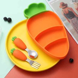 4Pcs/Set Babies Tableware Set, Kids Carrot Shape Heat-resistant Dinner Plate, Silicone Handle Spoon Fork Dinnerware for Toddlers G1221