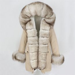 OFTBUY Fashion Winter Jacket Women Real Fur Coat Natural Real Fox Fur Collar Loose Long Parkas Big Fur Outerwear Detachable 201103