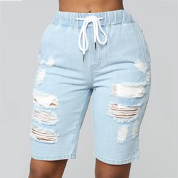 Women Shorts Jeans Waistband Elastic Short Pants Light Blue Hollow Out Hole Ladies Jeans For Summer Fashion Casual Female Shorts LJ201012