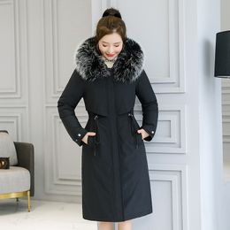 Korean Style Women's Winter Long Jackets Slim Wool Liner Female Cold Coat Plus Size Hooded With Fur Collar Thick Parkas Woman 201110
