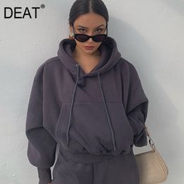 DEAT New Winter Fashion Women Clothes Hooded Drawstring Pullover Lantern Sleeves Sweatshirt And Track Pants WK0370 201030