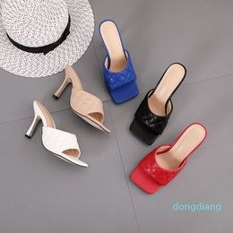 Luxury-Woman Sandals Marian Sqaure Toe Red Quilted Mule Heels Shoes PU High Heel Mules Women Sliper 9cm