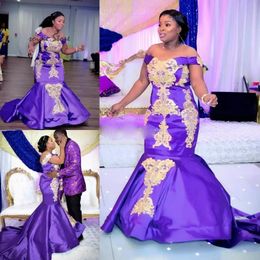 purple gold african dress Canada - Sexy African Purple Gold Lace Embroidery Prom Bridesmaid Dresses 2022 Mermaid Off the shoulder with Sleeve Evening Party Dress Formal Gowns