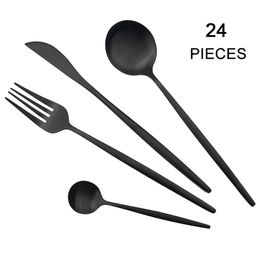24Pcs/set Black Matte Cutlery 304 Stainless Steel Dinnerware Knife Fork Spoon Dinner Kitchen Flatware Tableware Set 201118