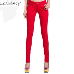 Осенние эластичные женщины карандаш джинсы брюки конфеты цветные середины талии молния стройная подходит тощая полная длина женских брюк мода 201105