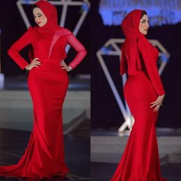 2020 Muslim Mermaid Evening Dresses with Hijab Long Sleeve Prom Gowns Plus Size Handmade Red Carpet Special Occasion Dress