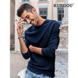 KUEGOU 100% Cotton Autumn Winter Clothing Solid color Mens sweater Simple Pullovers Men Sweaters Top Pineapple texture 32009 201211