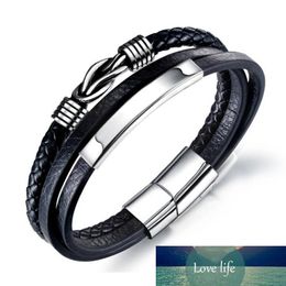 Punk Braid Leather Rope Bracelet Black Stainless Steel Clasp Wristband Fashion Bangles for Men Jewellery