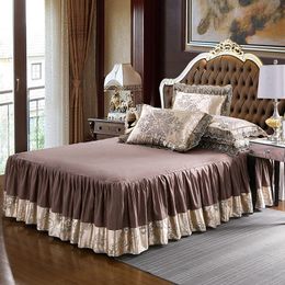 4Pcs Satin Jacquard luxury lace bedding sets queen king size duvet cover set bed skirt set pillowcase bedclothes C0223