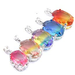 Mix 5PCS Rainbow New Luckyshine 925 sterling Silver Oval Rainbow Bi-Colored Blue Tourmaline Gemstone Necklaces Pendants For Lady Party Gift