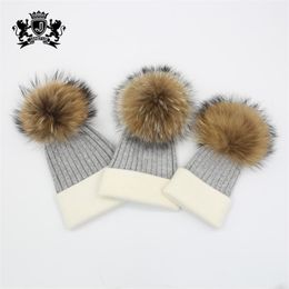 Babies Kids and Parents Winter Warm Knitted Hats with Real Fur Pompom Soft Angora Family Matching Beanies Y201024