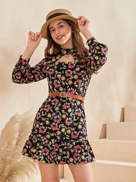 Teen Girls Allover Floral Print Keyhole Neck Ruffle Hem Dress Without Belt SHE