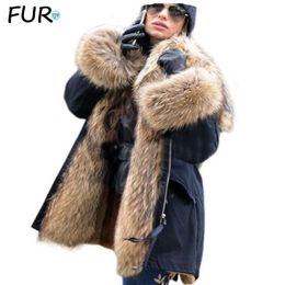 new Big real raccoon fur collar Real natural Fur Coat winter jacket Long Women raccoon fur liner hooded parkas 201026