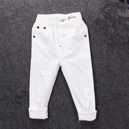 children's jeans boy white casual pants in the big children spring and autumn girls Slim pants pants baby holes LJ201019