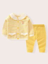 Baby Stripe Pattern Cartoon Patched Cardigan & Knit Pants SHE