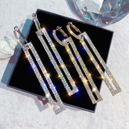 2021 Women Wedding Shiny Full Rhinestone Drop Earrings Square Long Tassel Crystal Dangle Earring Fashion Jewelry Gifts