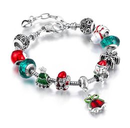 Christmas Bracelet Santa Bell Charm Bracelet Diy Jewellery Making Green Xmas Tree Silver Colour alloy Crystal Bead Bracelet 20pcs