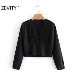 Zevity New Women Sexy V Neck Lace Patchwork Casual Smock Shirts Ladies Long Sleeve Black Blouses Roupas Femininas Tops LS7275 201201