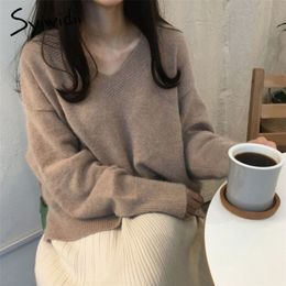 syiwidii oversize sweater women ribbed knitted V neck loose pullovers casual solid autumn winter clothes women green pink black LJ201017