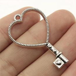 100pcs/lot Antique Silver Plated Hollow Love Heart Key Charms Pendants for Jewellery Making DIY Handmade Craft 25x42mm