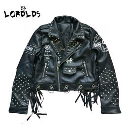 LORDLDS Women Black Leather Tassel Jacket Streetwear zipper rivet Fashionblogger Punk Jackets woman Coats Outwear 201026