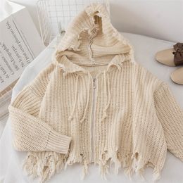 New Women's Sweater Black Beige Zipper Knitted Tops Female Casual Hole Street Wear Spring Fall Winter Clothes Women 201111