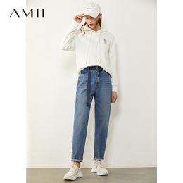 Amii Minimalism Winter Causal Jeans For Women Fashion Cotton High Waist Straight Blue Women's Pants Female Trousers 12070550 201105