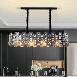 Dining room chandelier lighting modern rectangle crystal light fixtures luxury kitchen island black chain LED chandeliers