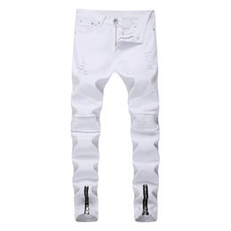 Men's Jeans Men White Solid Colour Frayed Slim-Fit Bikes Pencil Pants Classic Business Streetwear Free Delivery