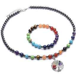 JLN Seven Chakra Hematite Jewellery Set Healing Stone Stretch Bracelet Hematite Beaded Chip stone Life Tree Charm With Lobster Clasp Necklace For Girls And Women