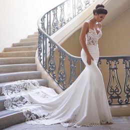 Setwell Spaghetti Mermaid Wedding Dresses Sleeveless Sexy Backless Illusion Lace Appliques Floor Length Long Train Bridal Gowns