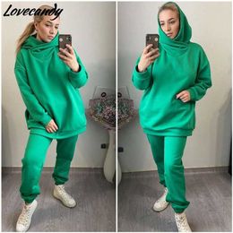 Women Solid Fleece Tracksuit And Hooded Jogger Pants Two Piece Set Autumn Winter Female Oversized Casual Sportswear Suit 211221