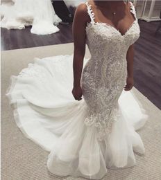 Luxury Mermaid Wedding Dresses Train Lace Appliques Straps Plus Size Bridal Dress vestido de noiva robe de mariee 2022