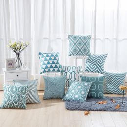 Home Decor Emboridered Cushion Cover Blue Geometric Canvas Cotton Suqare Embroidery Pillow Case Cover 45x45cm 210201