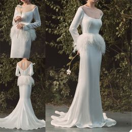 Gorgeous Long Sleeves Mermaid Wedding Dresses Feather Design Jewel Ruched Satin Bridal Gowns Sweep Train Custom Made Vestidos De Novia