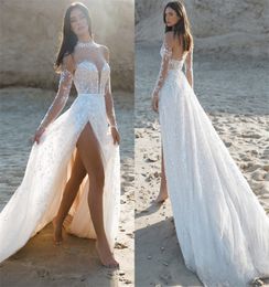 New Arrival A-line Wedding Dresses Sexy Side-split Appliqued Lace Sheer Bridal Gown High Neck Long Sleeves Robes De Mariée