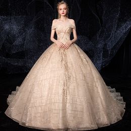 Shimmering Sparkly Off Shoulder Natural Waist Champagne Metallic Checks Sequin Chapel Train Quinceanera Gown Party Ball Gown Wholesale Price