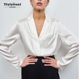 Women's Blouses & Shirts Yiyiyouni Office Lady Long Sleeve Silk Women V-neck White Satin Shirt Female Loose Button-Up Tops With Pocket
