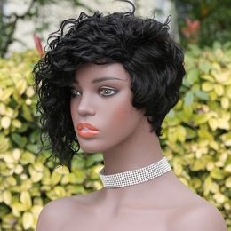 Natural Wave Human Hair Short Wigs For Black Women Cheap 150% Density Pixie Cut Peruvian Remy Wavy Glueless Non Lace Front Wig With Bangs