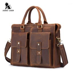 Briefcases LAOSHIZI LUOSEN Men's Briefcase Handbag Crazy Horse Genuine Leather Messenger Travel Bag Business Men Tote Bags1