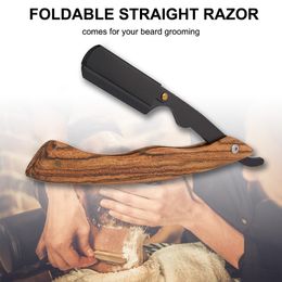 Straight Shaving Razor with Wooden Handle Knife for Beard Grooming Folding Razors Shaving Tool Stainless Steel