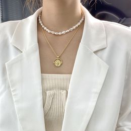 Real Pearl Brass With 18K Gold Coins Necklaces Women Jewelry Punk Party Designer Club T Show Hiphop Gothic Korea Fashion Japan Q0531