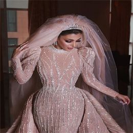 Luxury Wedding Dresses With Detachable Train Arab Dubai Beads Sequins High Neck Appliqued Mermaid Bridal Gowns Custom Made Vestido296C