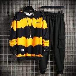 High Quality Men's Casual Printed Pullover+Lace-up Sweatpants 2PCS Set Men Elastic Tie-Dye Jogging Tracksuit 7 Colour SIze M-5XL 201109