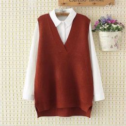 Autumn Preppy Style Knitted Vest Sweaters Women Elegant V Neck Sleeveless Solid Color Long Pullovers Female All Match Loose Tops 201222