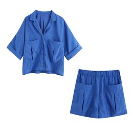 Summer suits women two piece set Flowing tops loose fitting shirt & high waist Bermuda shorts elastic waistband ensemble femme T200701