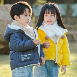 New Winter Children's Down Jackets Boys&Girls Korean Style Trend Printing Hooded Zipper Coats Kids Fashion Short Outwears 201125