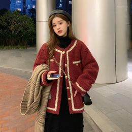 Women's Wool & Blends Coat Women 2021 Winter Thicken Festive Red Parkas Lamb Warm Jacket Round Neck Single Breasted Loose Cotton Clothes1