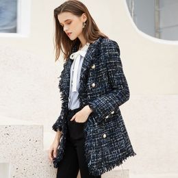 Dark blue tweed coat Medium-long one-piece Autumn/winter women's jacket New Small Fragrance ladies jacket coat 201017